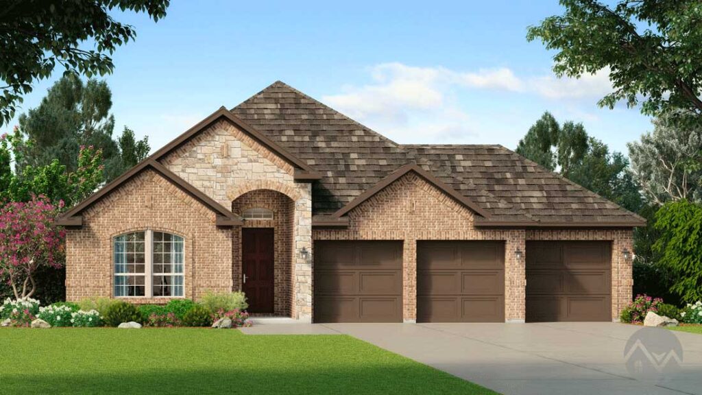 architectural rendering exterior. house front entry with brick walls, 3 car garage and brown tiles roof
